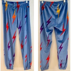 EUC Aviator Nation Womens Velvet Sweatpants Bolt Repeat Blue Multi